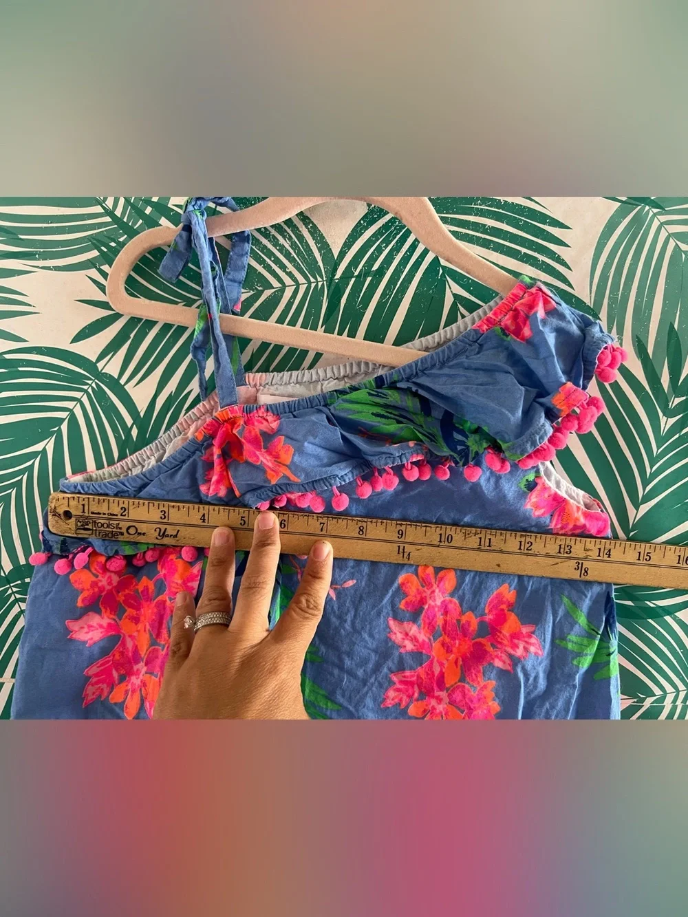 Tommy Bahama Blue & bright pink Tropical Pom-Pom Sundress w/ tie shoulder Sz 7